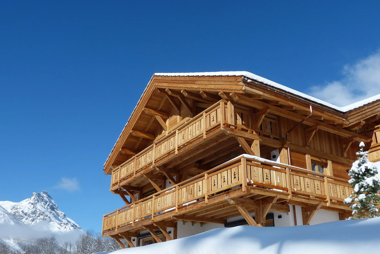 Chalet Le Mélézin — façade du chalet sous la neige